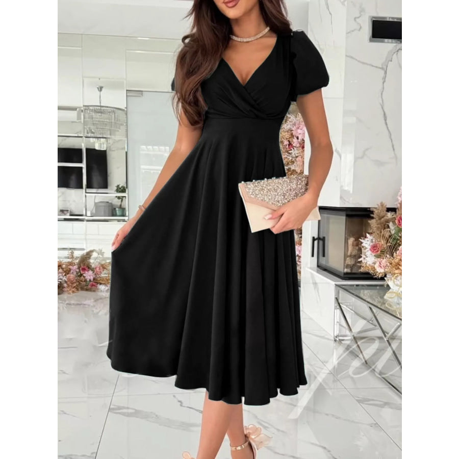 Surplice Puff Sleeve Midi Dress Black / S Apparel and Accessories