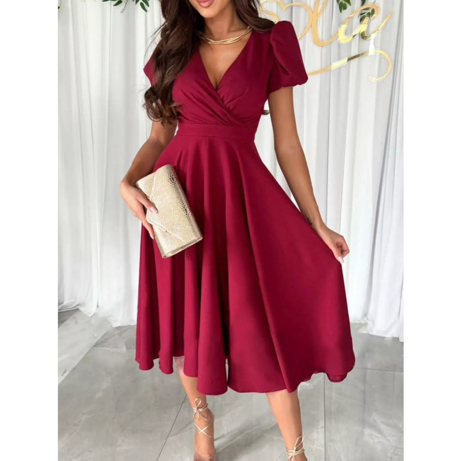 Surplice Puff Sleeve Midi Dress Deep Red / S Apparel and Accessories