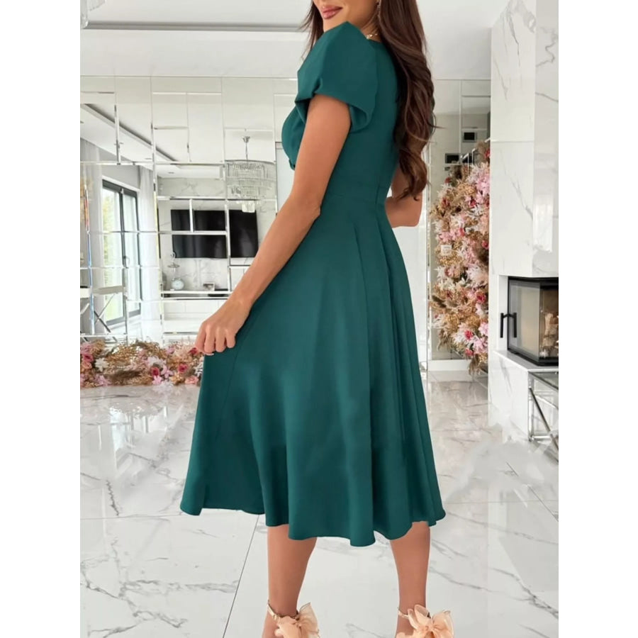 Surplice Puff Sleeve Midi Dress Deep Teal / S Apparel and Accessories