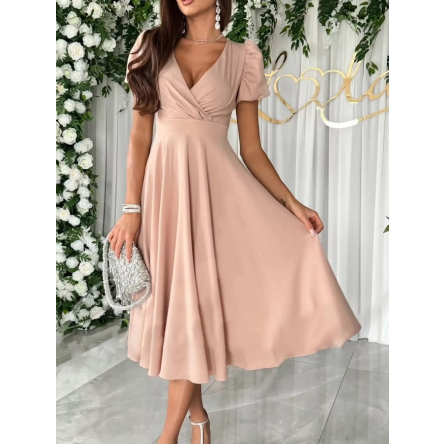 Surplice Puff Sleeve Midi Dress Watermelon pink / S Apparel and Accessories