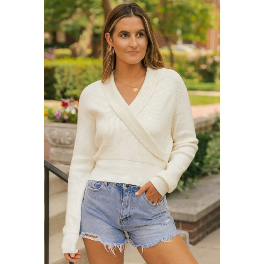 Surplice Ribbed Long Sleeve Cropped Knit Top Cream / M