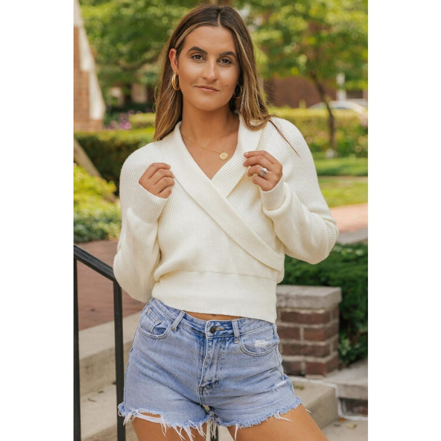 Surplice Ribbed Long Sleeve Cropped Knit Top