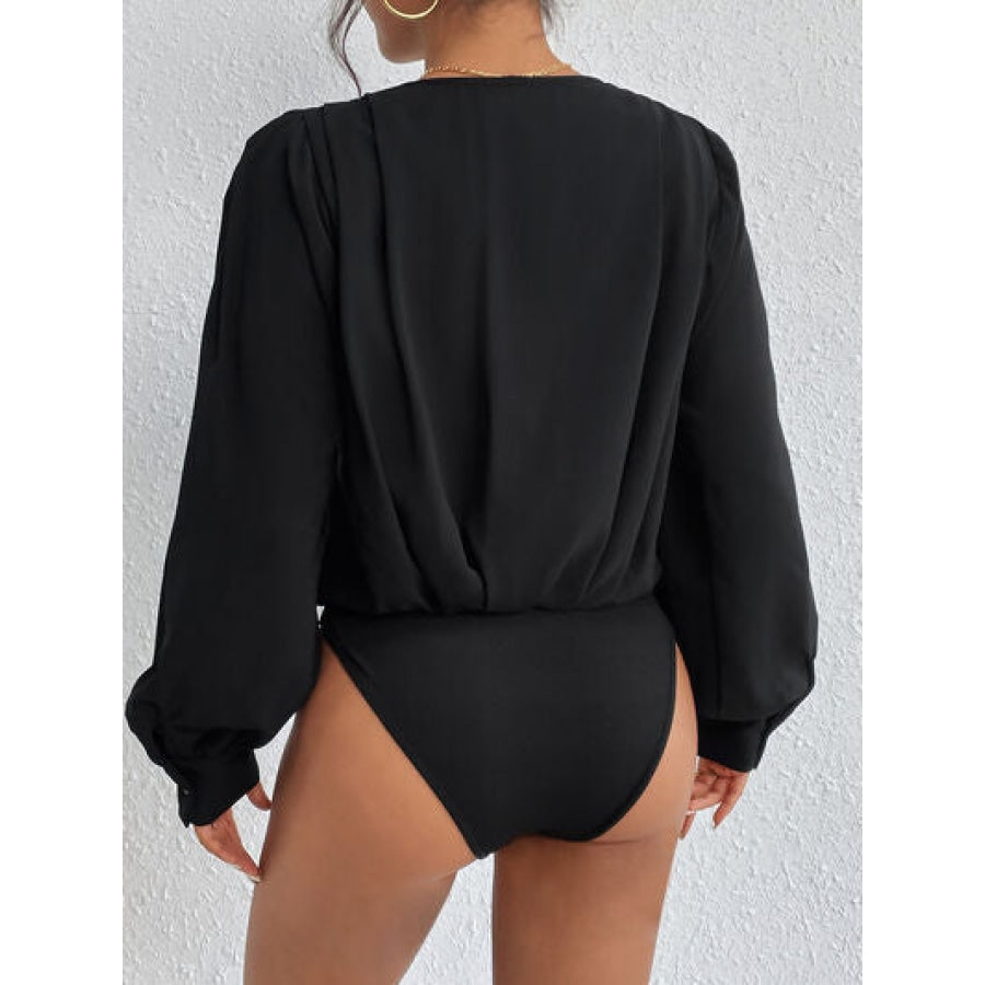 Surplice Ruched Long Sleeve Bodysuit Black / S Apparel and Accessories