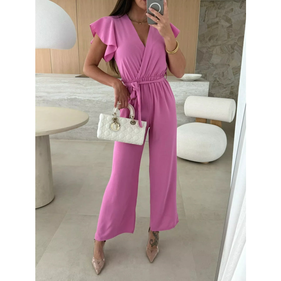 Surplice Ruffle Sleeve Wide Leg Jumpsuit Apparel and Accessories