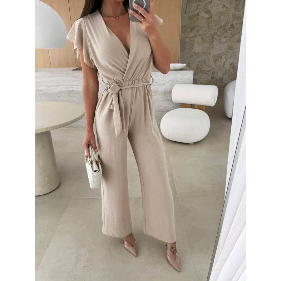 Surplice Ruffle Sleeve Wide Leg Jumpsuit Apparel and Accessories