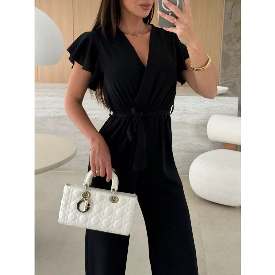Surplice Ruffle Sleeve Wide Leg Jumpsuit Apparel and Accessories