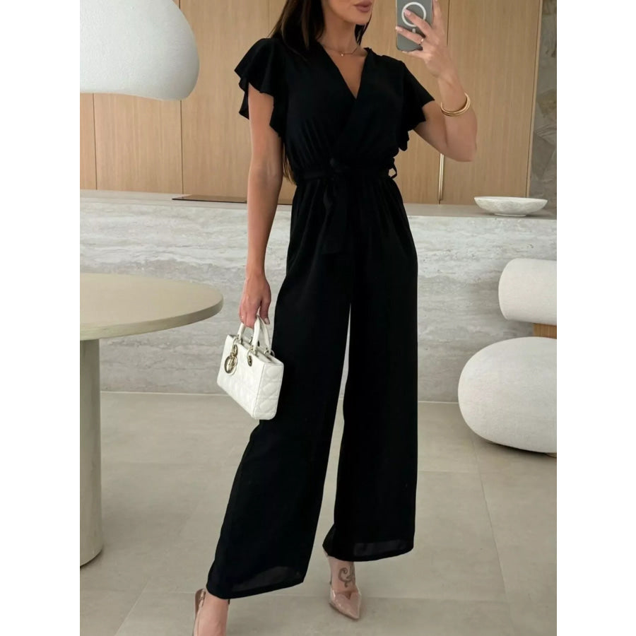 Surplice Ruffle Sleeve Wide Leg Jumpsuit Black / S Apparel and Accessories