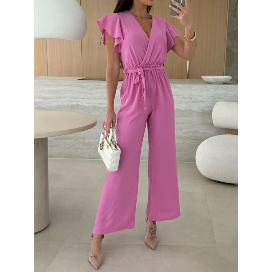 Surplice Ruffle Sleeve Wide Leg Jumpsuit Fuchsia Pink / S Apparel and Accessories