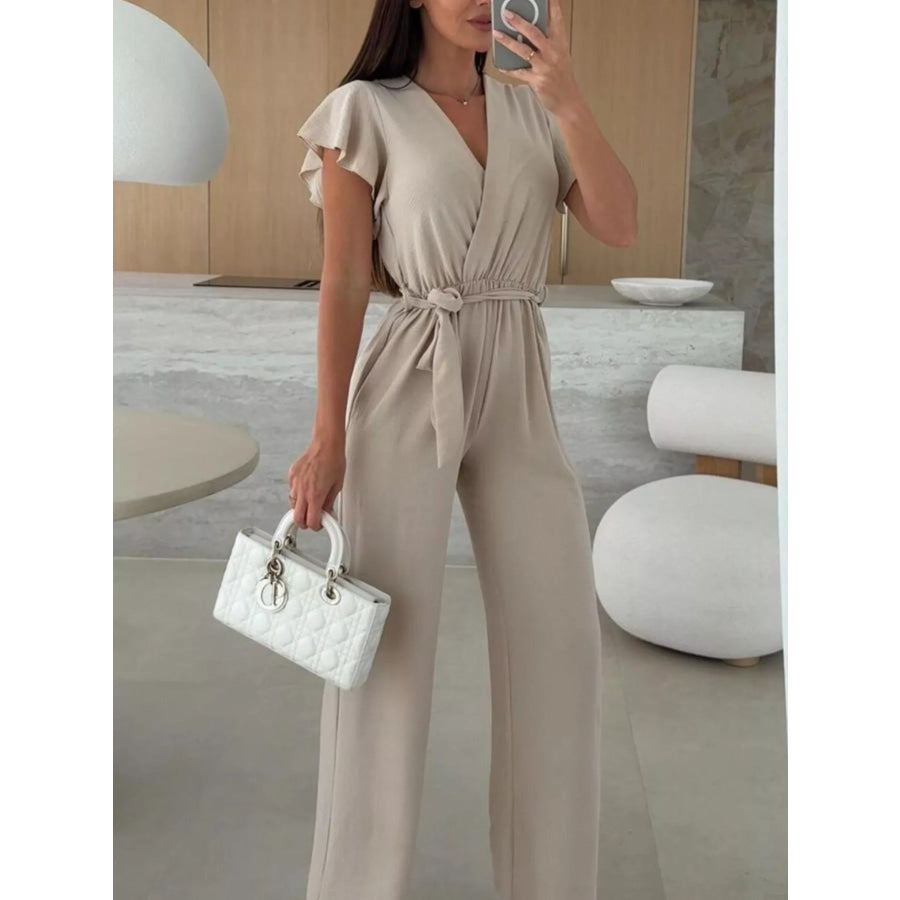 Surplice Ruffle Sleeve Wide Leg Jumpsuit Tan / S Apparel and Accessories