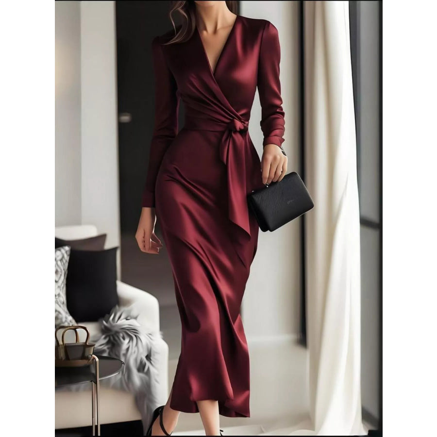 Surplice Satin Long Sleeve Dress Apparel and Accessories