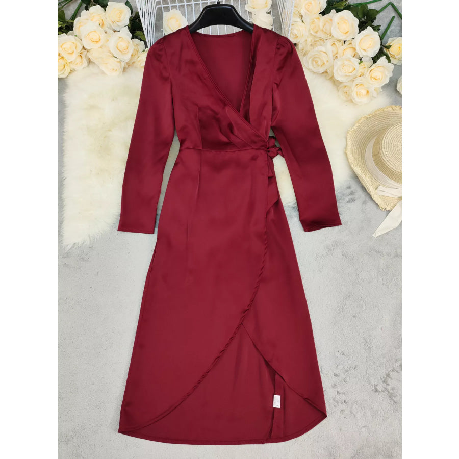 Surplice Satin Long Sleeve Dress Apparel and Accessories