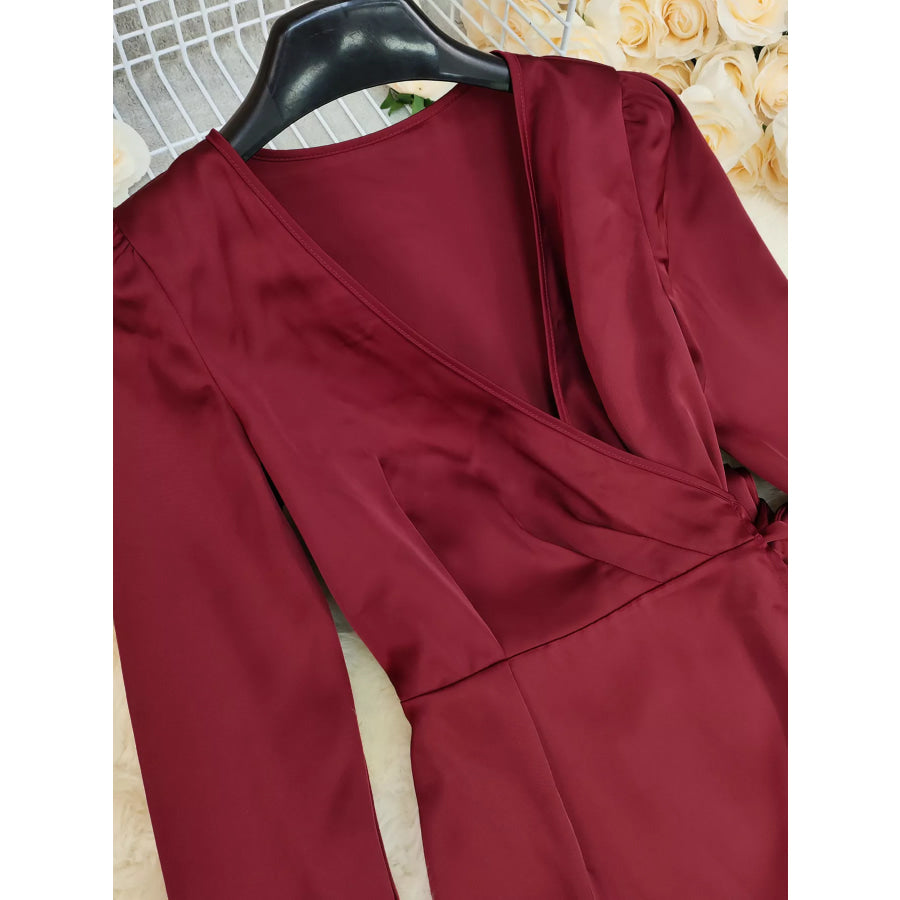 Surplice Satin Long Sleeve Dress Apparel and Accessories