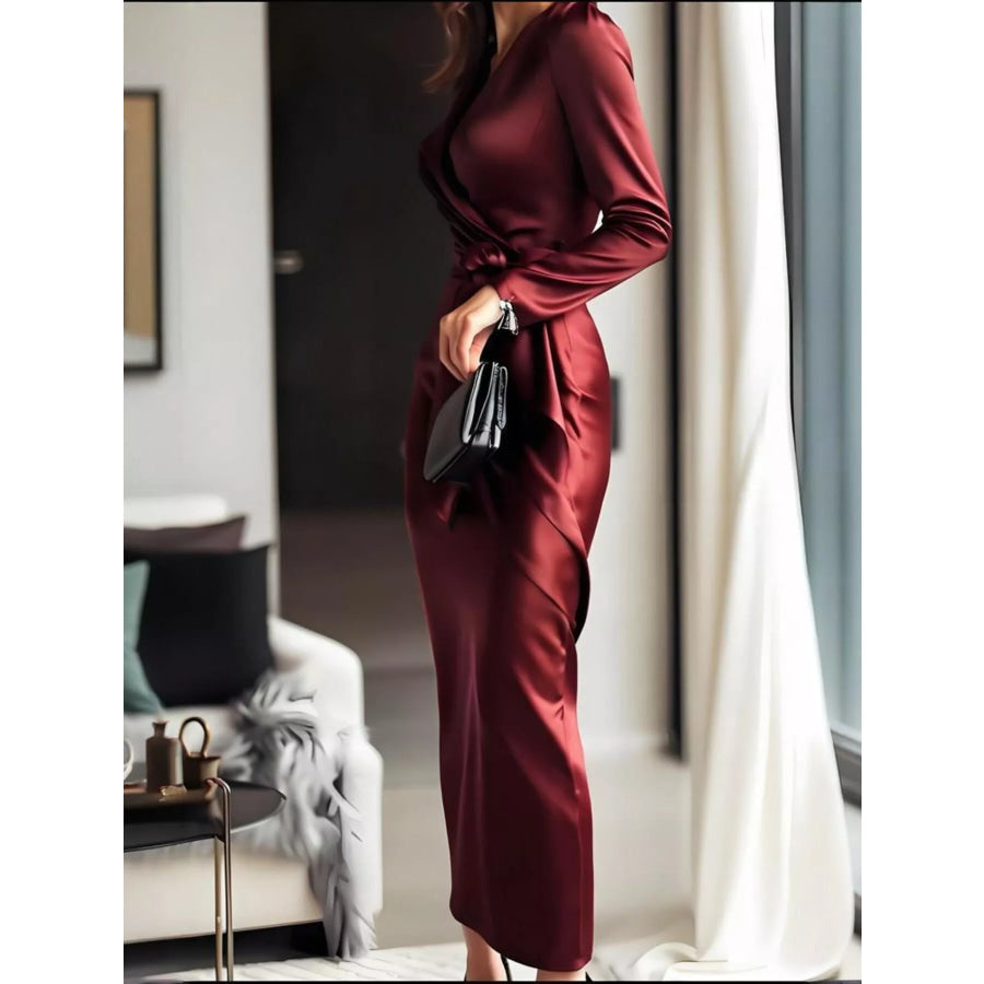 Surplice Satin Long Sleeve Dress Apparel and Accessories