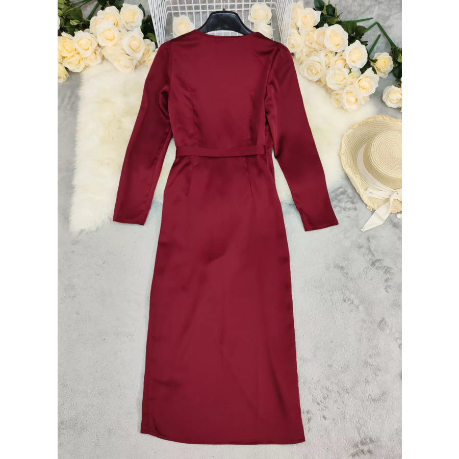 Surplice Satin Long Sleeve Dress Apparel and Accessories