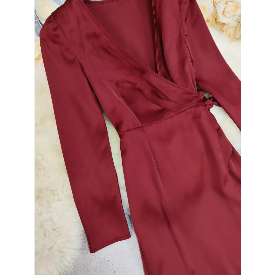 Surplice Satin Long Sleeve Dress Apparel and Accessories