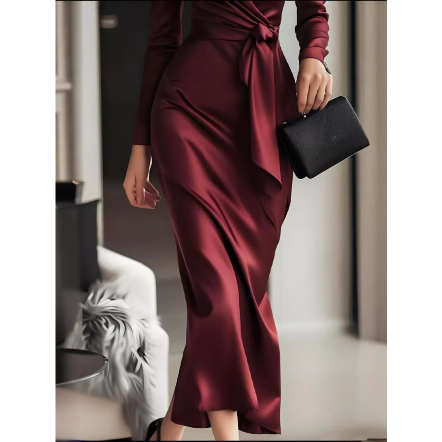 Surplice Satin Long Sleeve Dress Red / S Apparel and Accessories