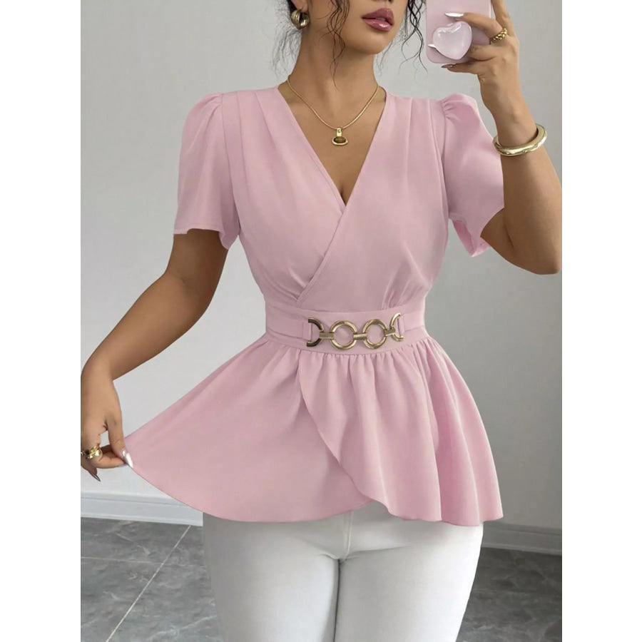 Surplice Short Sleeve Blouse Apparel and Accessories