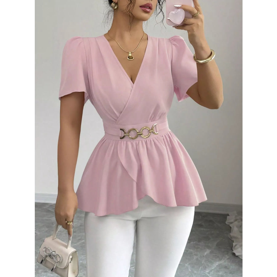 Surplice Short Sleeve Blouse Apparel and Accessories