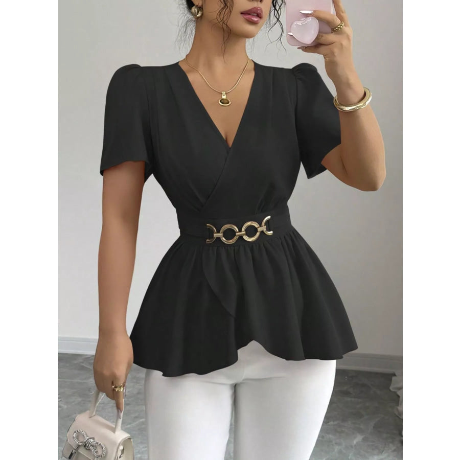 Surplice Short Sleeve Blouse Black / S Apparel and Accessories