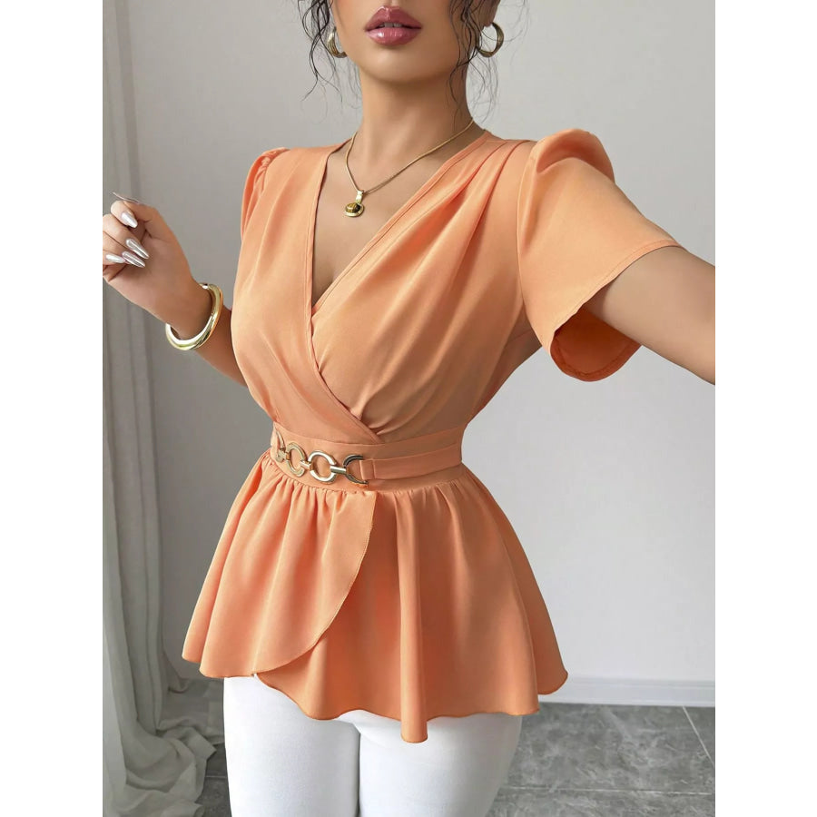 Surplice Short Sleeve Blouse Orange / S Apparel and Accessories