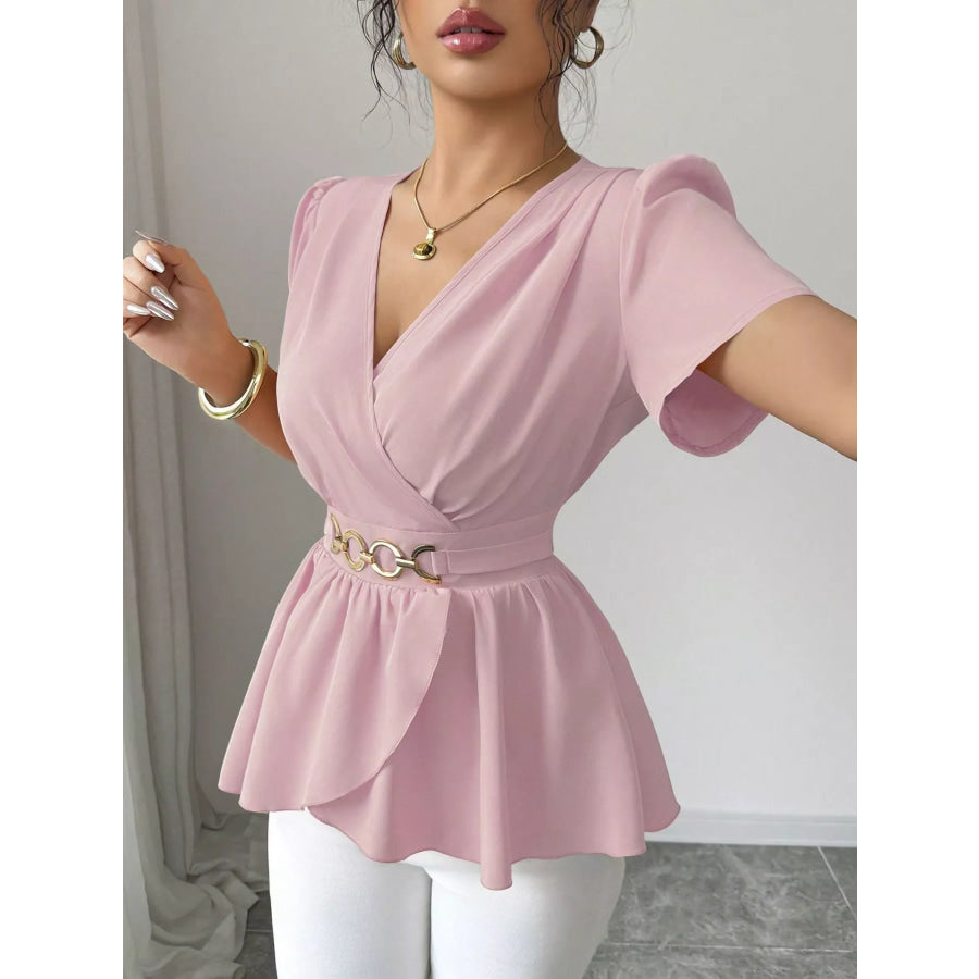 Surplice Short Sleeve Blouse Pink / S Apparel and Accessories
