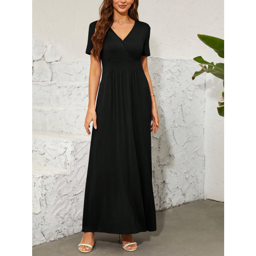 Surplice Short Sleeve Maxi Dress Black / S Apparel and Accessories