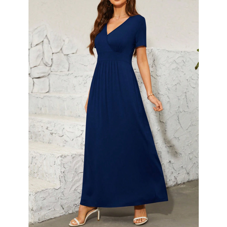 Surplice Short Sleeve Maxi Dress Dark Blue / S Apparel and Accessories