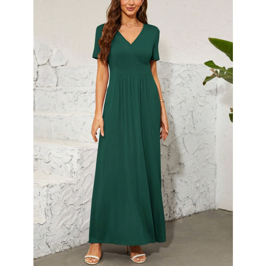 Surplice Short Sleeve Maxi Dress Dark Green / S Apparel and Accessories