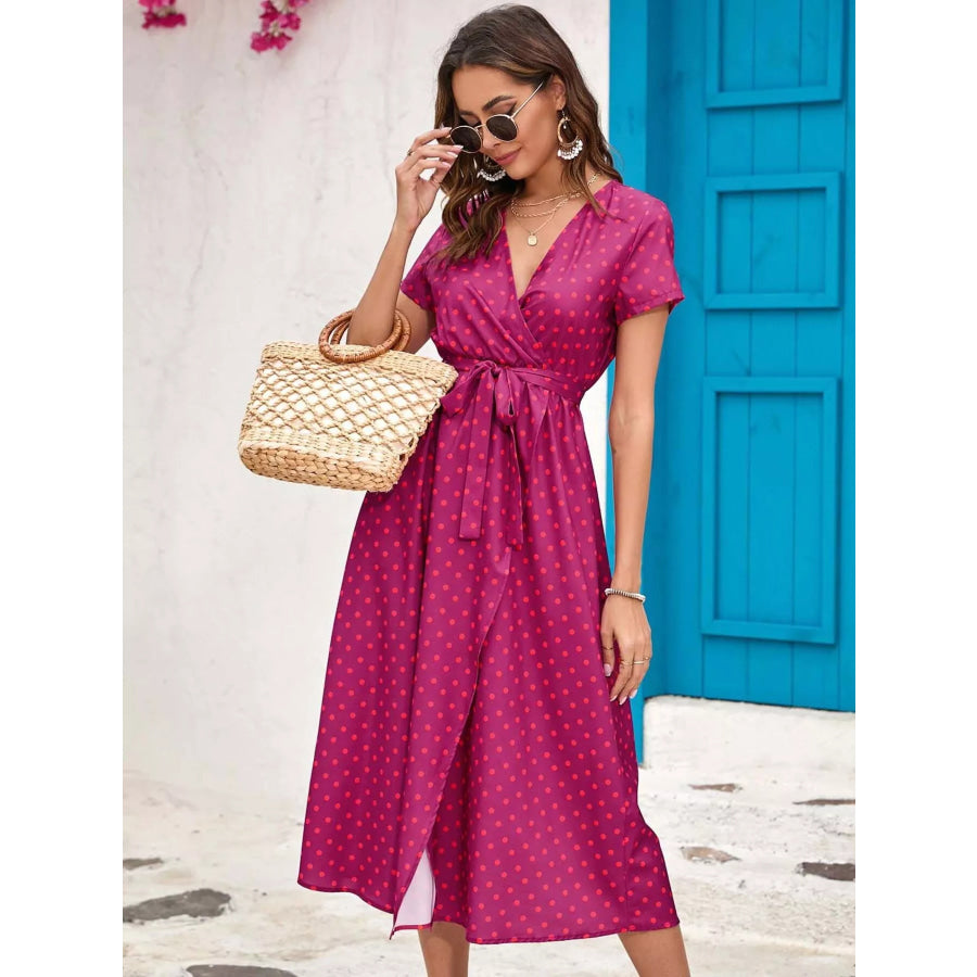 Surplice Short Sleeve Midi Dress Apparel and Accessories