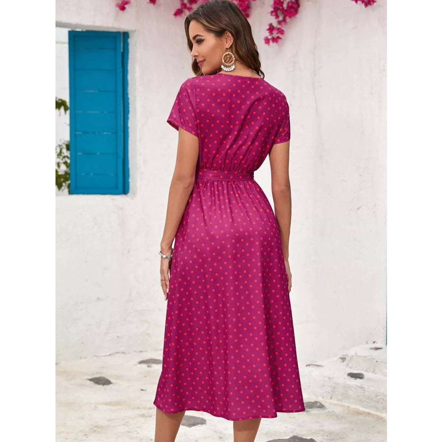 Surplice Short Sleeve Midi Dress Apparel and Accessories