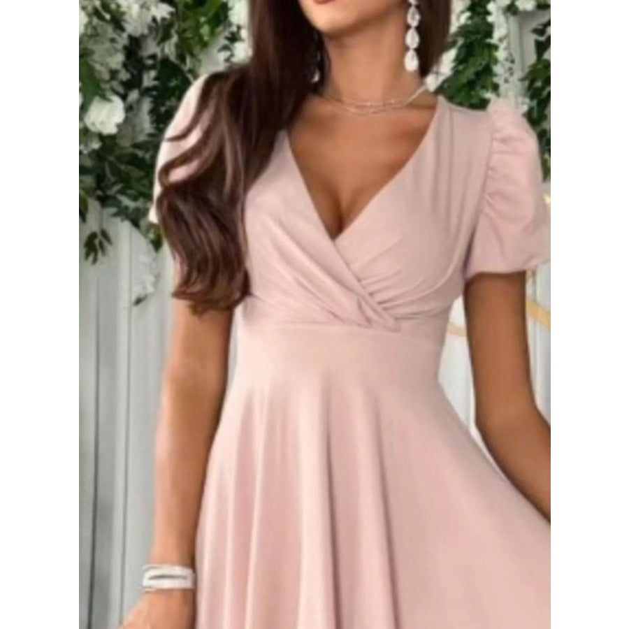 Surplice Short Sleeve Midi Dress Apparel and Accessories