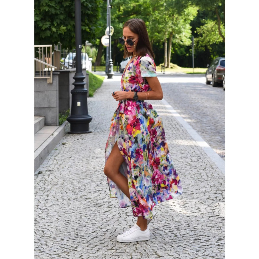 Surplice Short Sleeve Midi Dress Apparel and Accessories