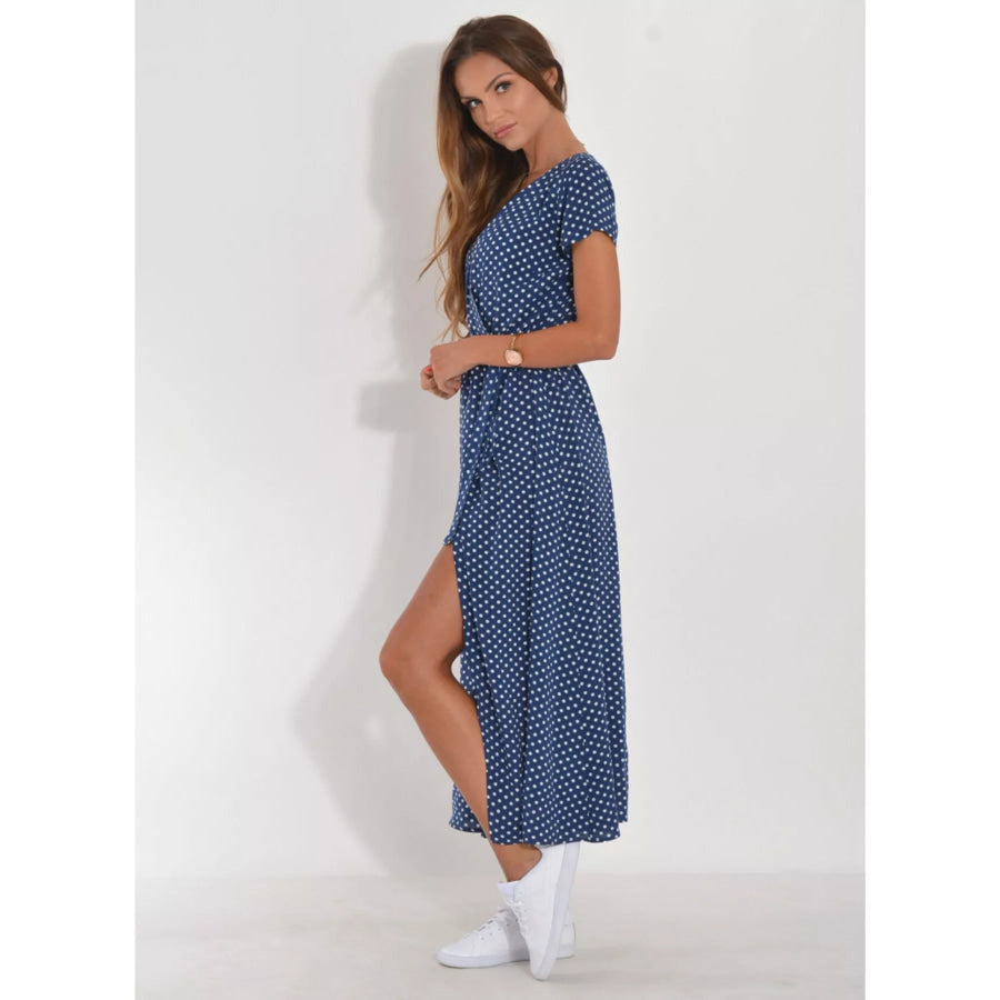 Surplice Short Sleeve Midi Dress Apparel and Accessories