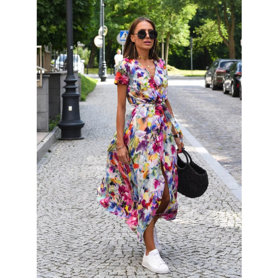 Surplice Short Sleeve Midi Dress Apparel and Accessories