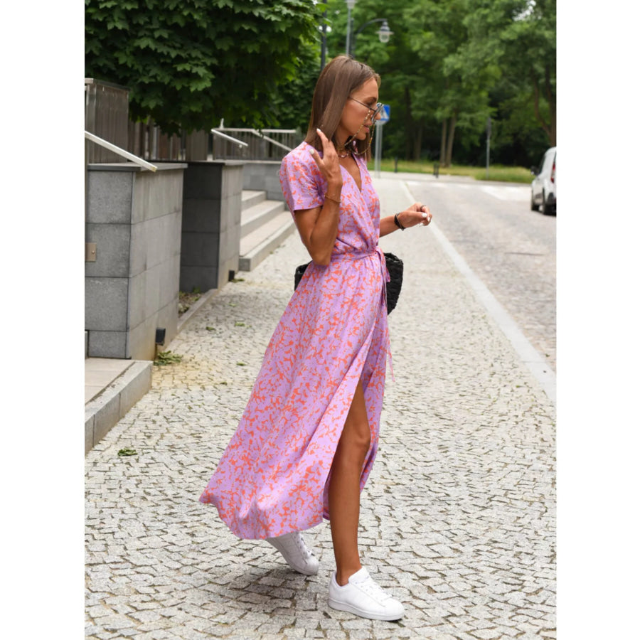 Surplice Short Sleeve Midi Dress Apparel and Accessories