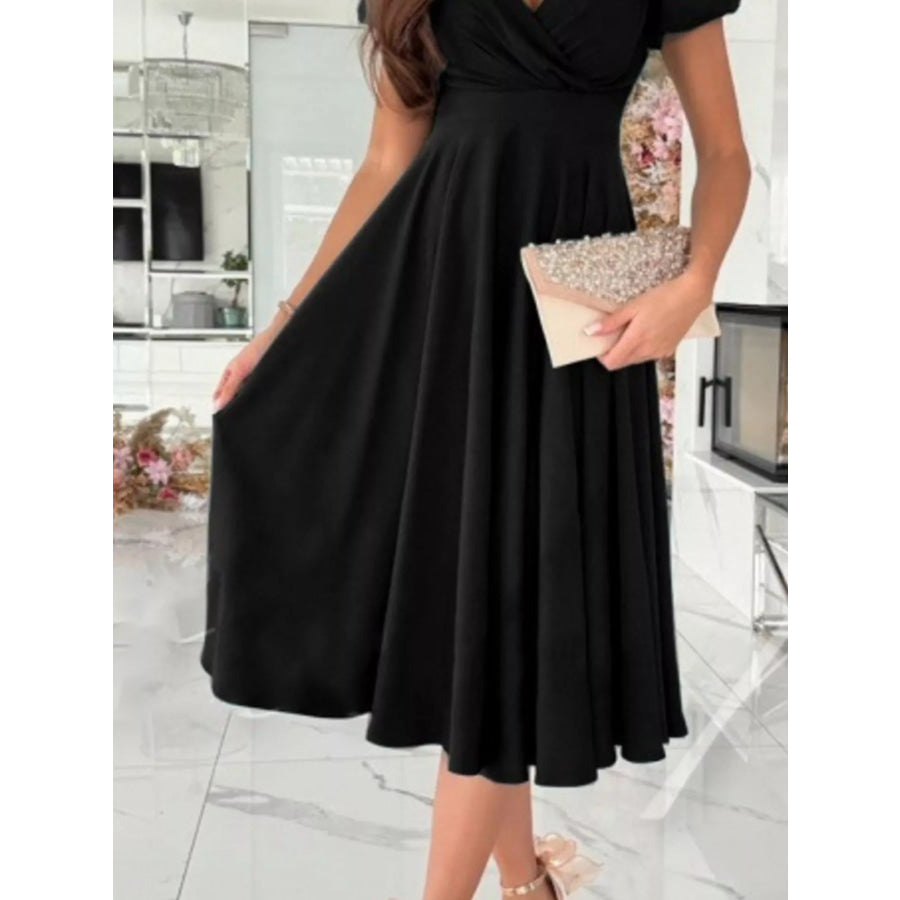 Surplice Short Sleeve Midi Dress Apparel and Accessories