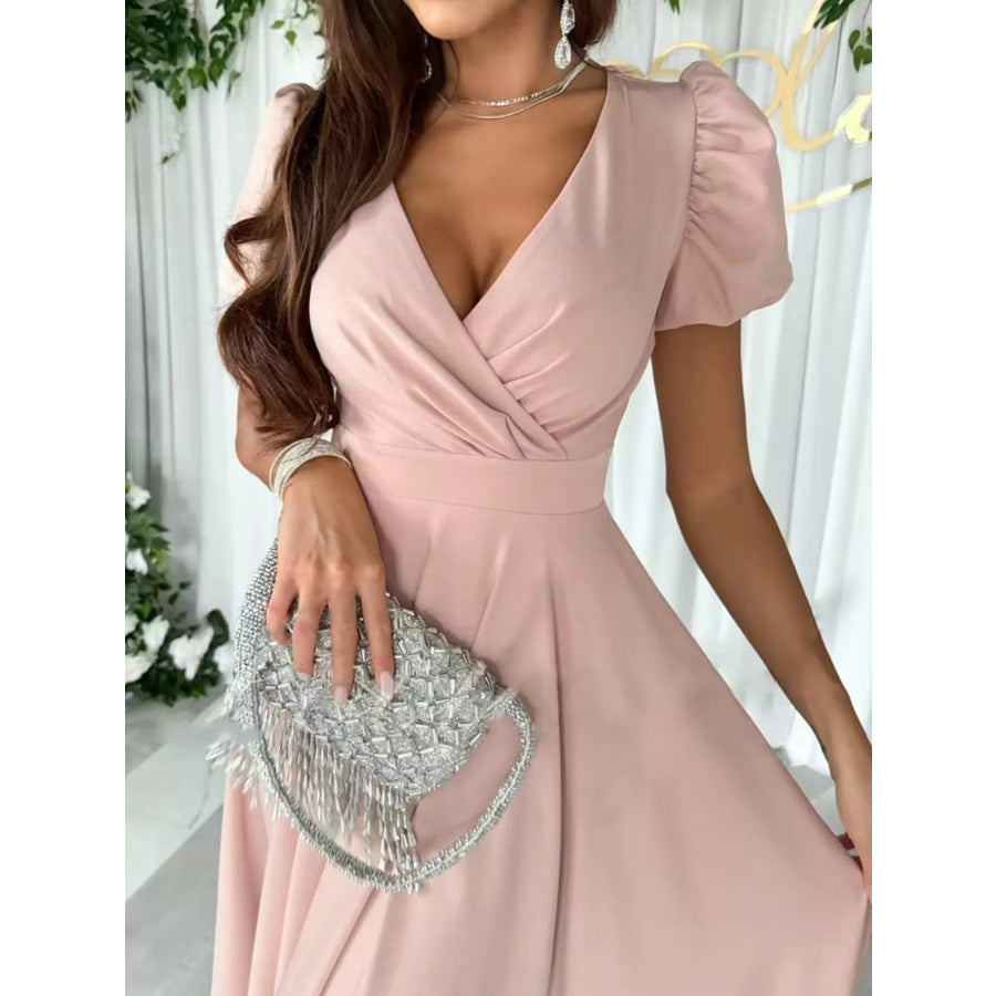 Surplice Short Sleeve Midi Dress Apparel and Accessories