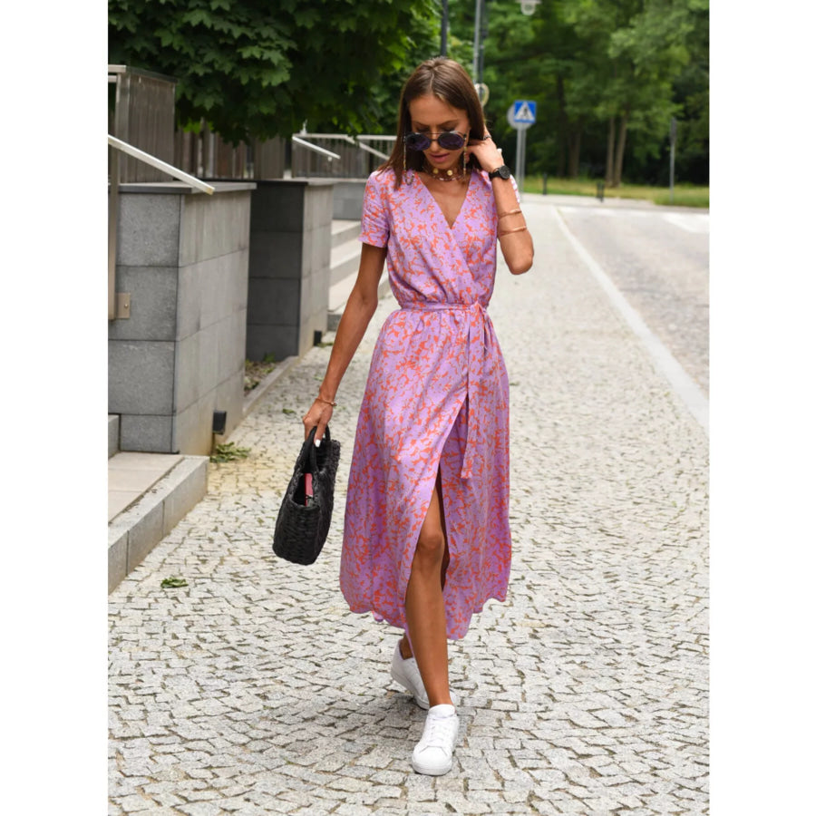 Surplice Short Sleeve Midi Dress Apparel and Accessories