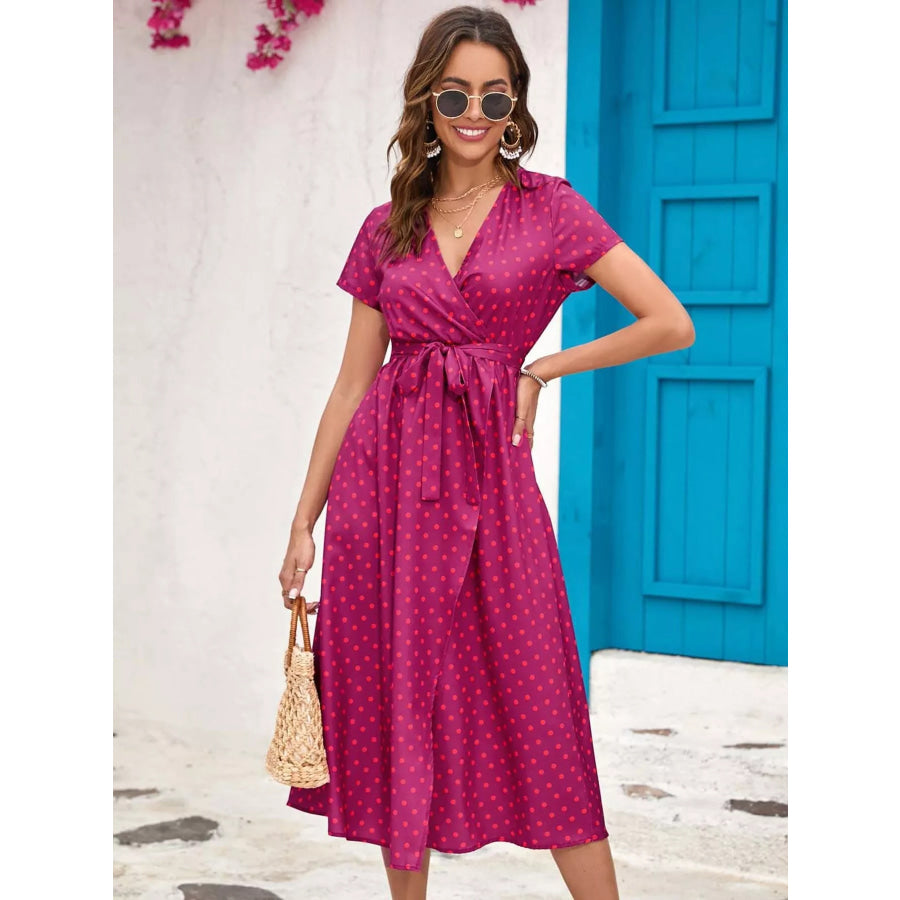 Surplice Short Sleeve Midi Dress Apparel and Accessories