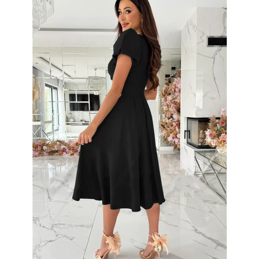 Surplice Short Sleeve Midi Dress Apparel and Accessories