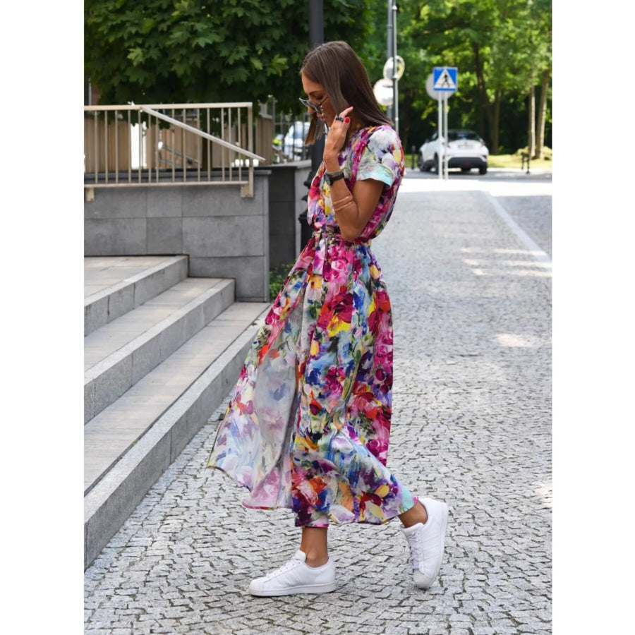 Surplice Short Sleeve Midi Dress Apparel and Accessories