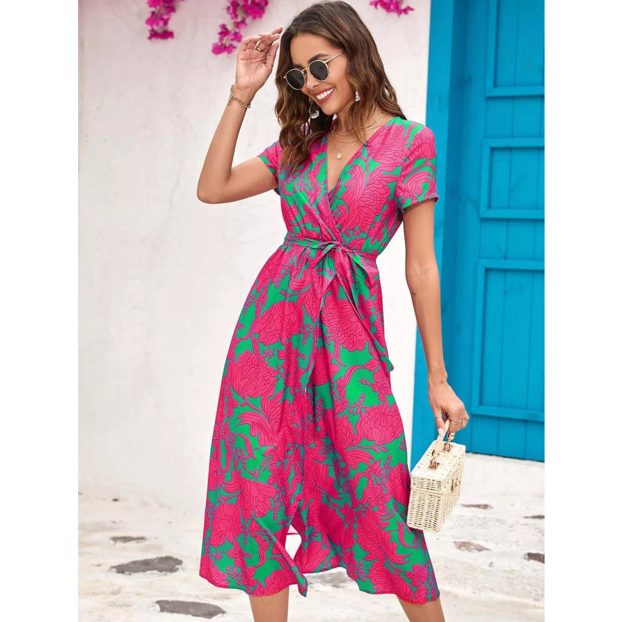 Surplice Short Sleeve Midi Dress Apparel and Accessories