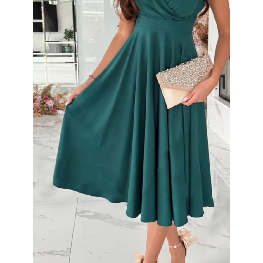 Surplice Short Sleeve Midi Dress Apparel and Accessories