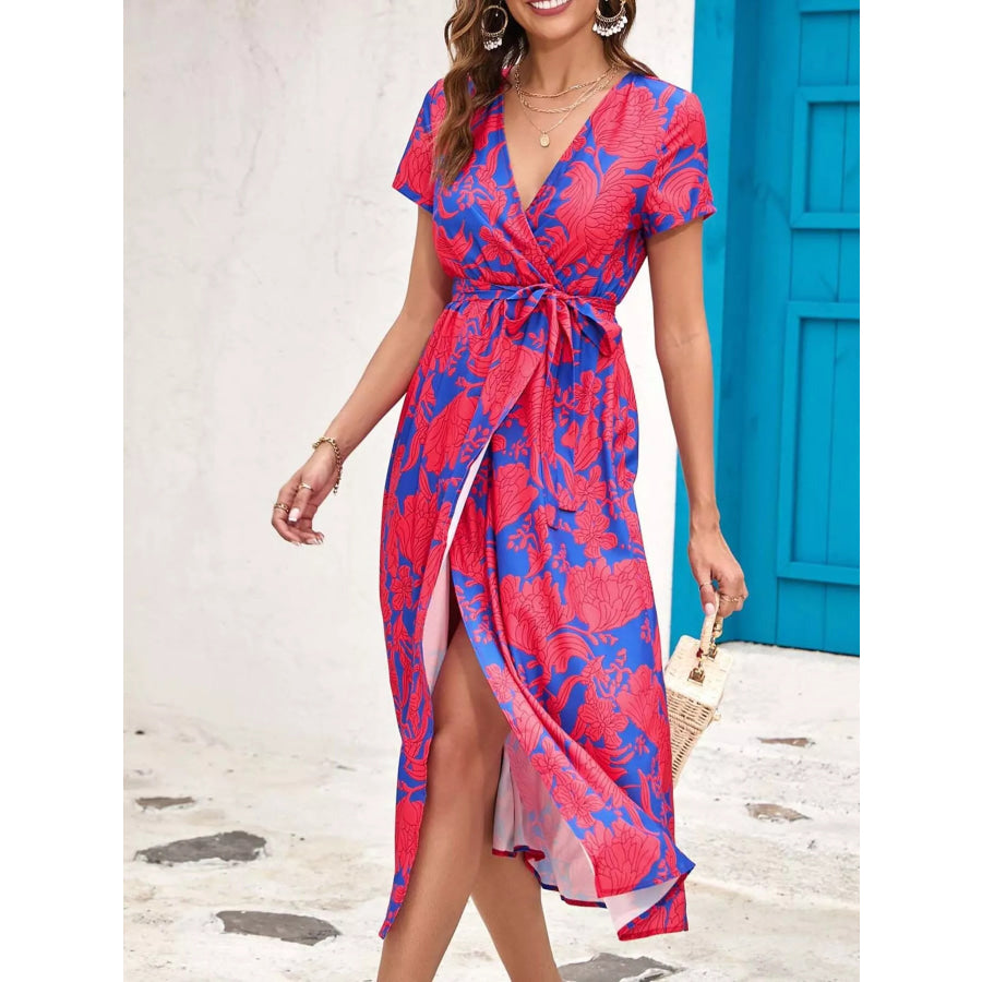 Surplice Short Sleeve Midi Dress Deep Red / S Apparel and Accessories