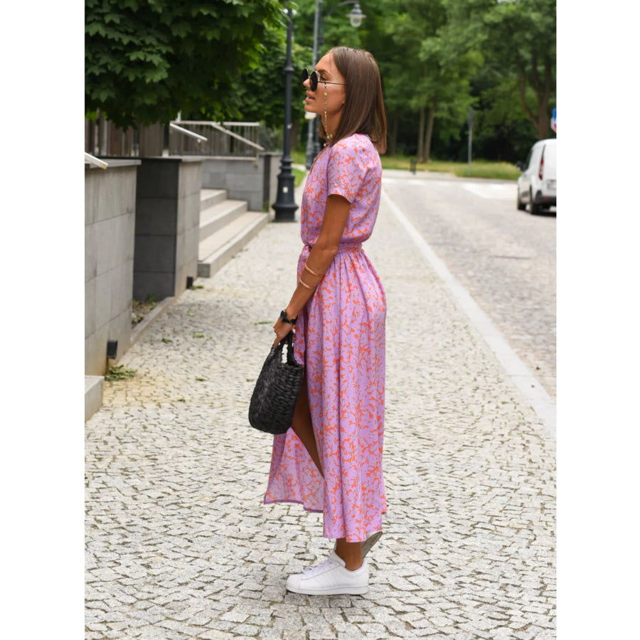 Surplice Short Sleeve Midi Dress Apparel and Accessories