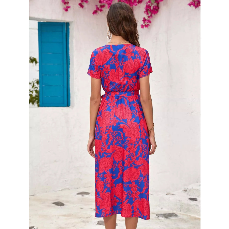 Surplice Short Sleeve Midi Dress Apparel and Accessories