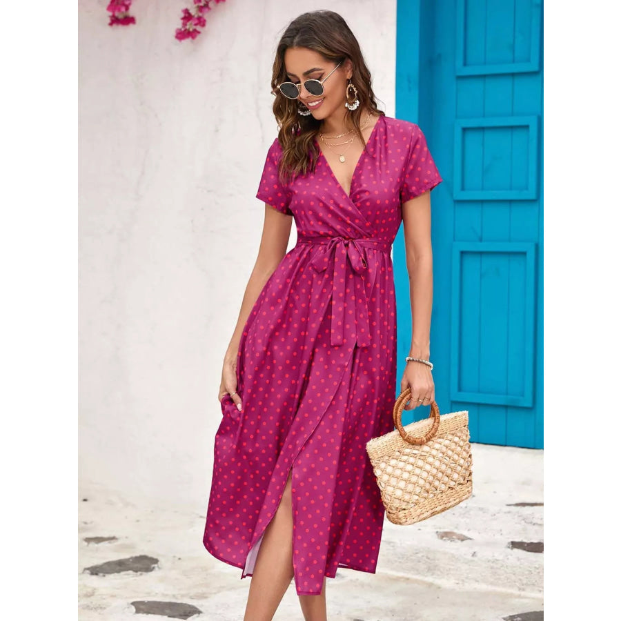 Surplice Short Sleeve Midi Dress Apparel and Accessories