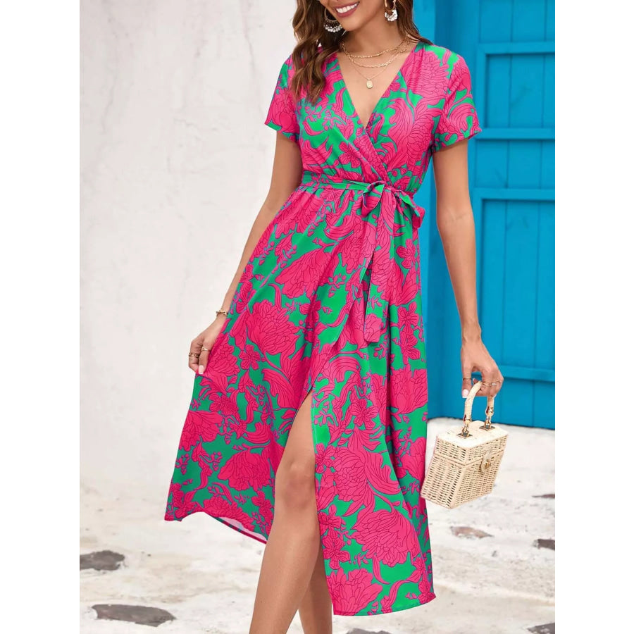Surplice Short Sleeve Midi Dress Apparel and Accessories