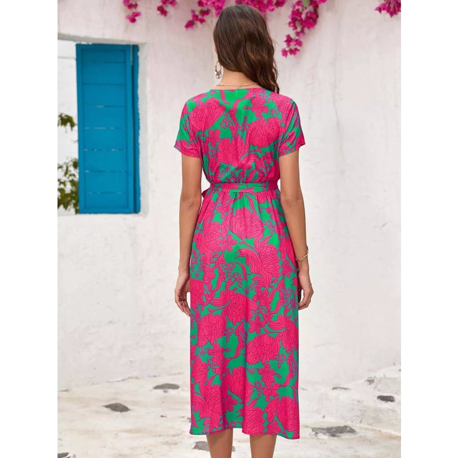 Surplice Short Sleeve Midi Dress Apparel and Accessories