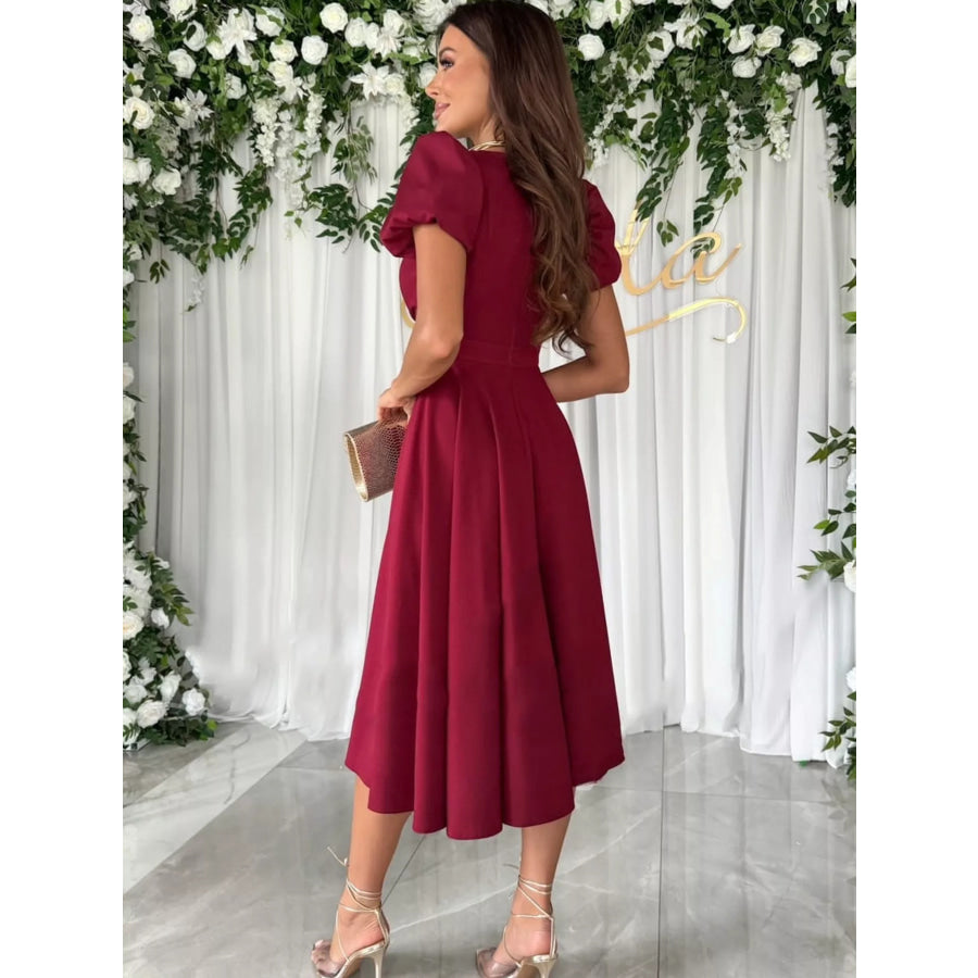 Surplice Short Sleeve Midi Dress Apparel and Accessories